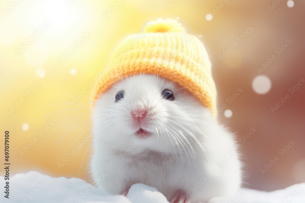 Obraz premium Cute funny white hamster dressed in yellow knitted hat sitting on snow on blurred winter background. Domestic mouse. Warm and cozy winter concept