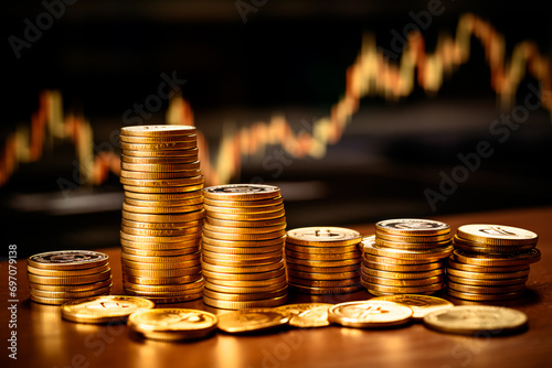 Stacks of golden coins with a bar chart in the background, symbolizing the concept of stock exchange and financial analysis.