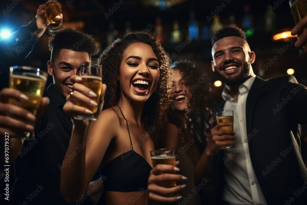 . A captivating and vibrant stock photograph of Multiracial young friends. toasting beer bottles at an after-hour party. fun and excitement. enjoying the fun time at the evening