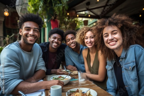 five Multiracial young people sitting together and enjoying time 