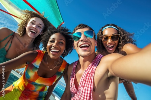 Five Multiracial young friends. in cruse ship, enjoying pool party. happy and excited