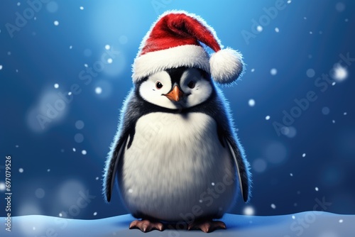 Cute little penguin in red hat on blurred blue background with snow. Christmas cute cartoon character. Winter holidays concept. Christmas and New Year greeting card or banner with copy space