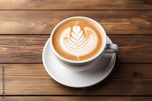 A cup of latte on a wooden table background
