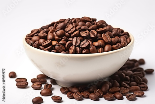 a bowl of coffee beans on a white background