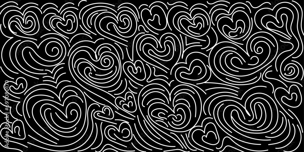 Abstract monochrome hand-drawn doodle white design with chaotic hearts on black background. Bright black and white vector illustration for cards, business, banners, textile. Editable stroke. 