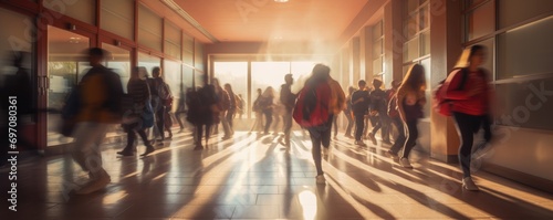 Crowd of high school students walking through a school hallway, motion blur