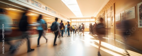 Crowd of high school students walking through a school hallway, motion blur photo