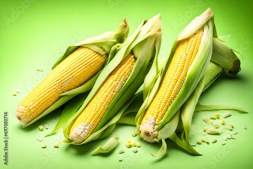 Two ears of ripe juicy young sweet corn peeled and in green skinned isolated on white background. photo
