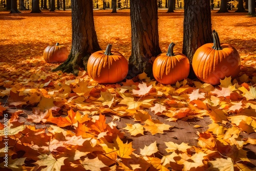 Autumn composition with three pumpkins for Halloween with funny faces and smiles in nature in forest on carpet of yellow and orange dry maple leaves. Ultra wide format banner.