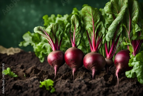 Growing table beet With green tops in the ground on light green natural background.