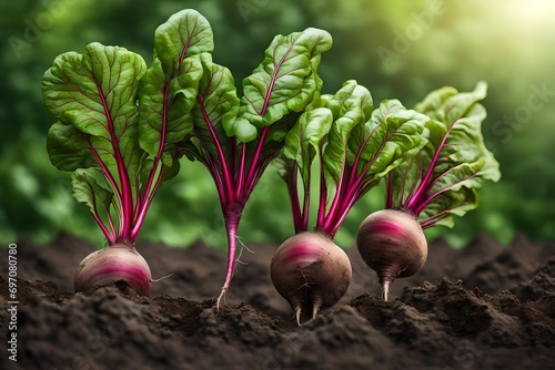 Growing table beet With green tops in the ground on light green natural background. photo