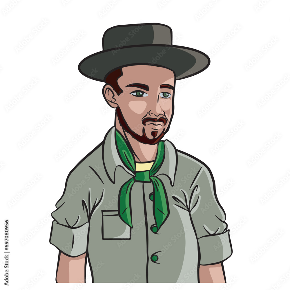 Illustration of a gaucho man from the southern region of Brazil. Half-length character wearing a dark-colored hat and tie. Vector isolated on transparent background.