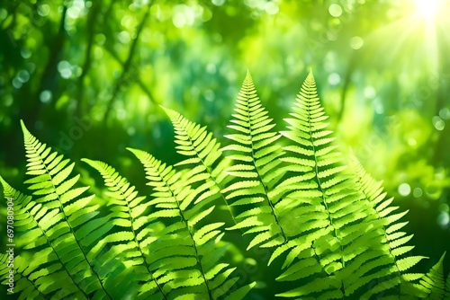 Beautiful natural background border with fresh juicy light green foliage of fern in sunlight in spring summer and defocused bokeh outdoors in nature, panorama, copy space