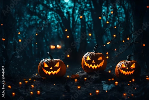 Festive decoration for Halloween. Two glowing pumpkins and bat on background of dark night mystical forest, ultra wide format. Magical atmosphere with festive lights