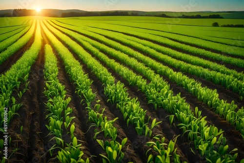 Young green shoots of cereal at sunset. Beautiful spring landscape, agricultural field panoramic view. Cereal sprouts in nature photo
