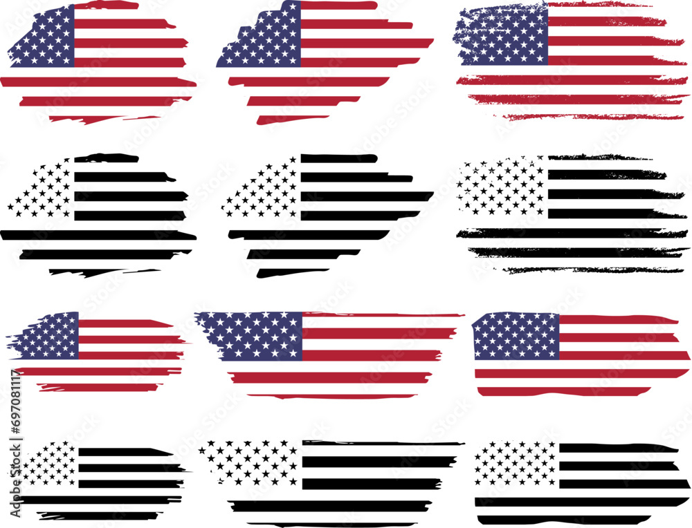 Set of USA grange flag, grunge USA flag set vector, grunge, flag, silhouette, independence, July, 4th of July, 4th July, flag silhouette - obrazy, fototapety, plakaty 