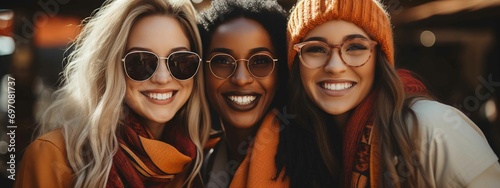 Smiling group of multiracial women with sunglasses enjoying sunny day on city street © jorge