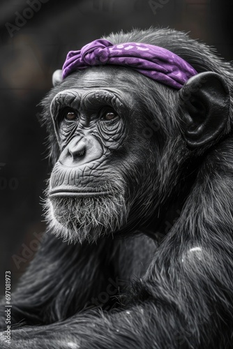 Amazing portrait of a pensive monkey, with purple headband, thoughtful expression, generated with AI