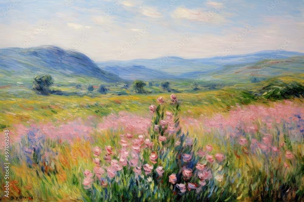 Sunset over a flower field, oil painting, generated with AI Sunset over a flower field, oil painting, generated with AI