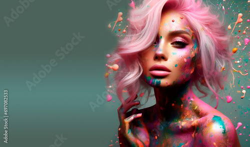 Fashion art portrait of beautiful woman with pink hair and colorful makeup.