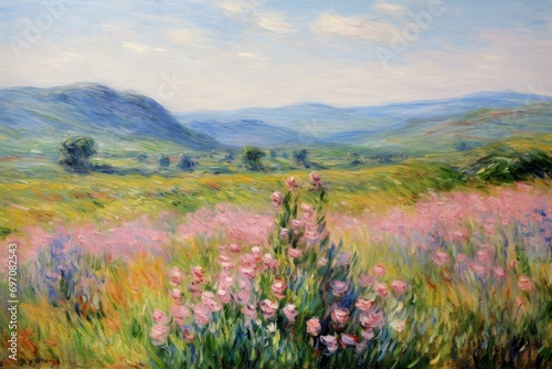 Sunset over a flower field, oil painting, generated with AI
