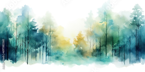 Watercolor painting of winter forest. Spring or summer  foggy deciduous forest illustration for Christmas design. Misty abstract background, holiday frame or border