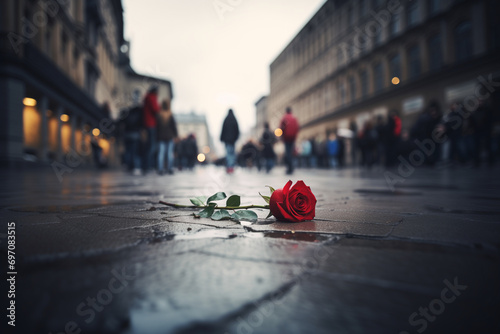 Rote Rose auf dem Boden einer Fussgängerzone in der Stadt. Querformat. Generative Ai. photo