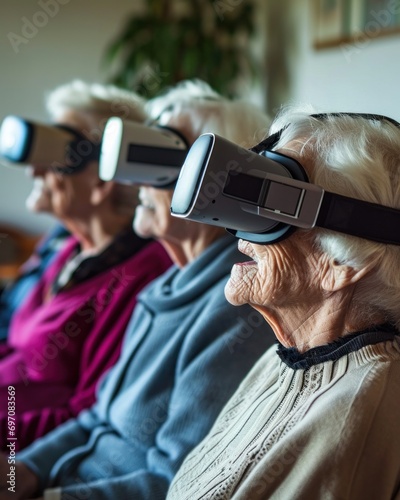 Immersive Elderly Care: Seniors Embrace Futuristic VR Experience in a Nursing Home Setting. Generative AI photo