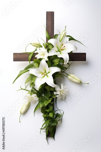 cross with lilies isolated on white background