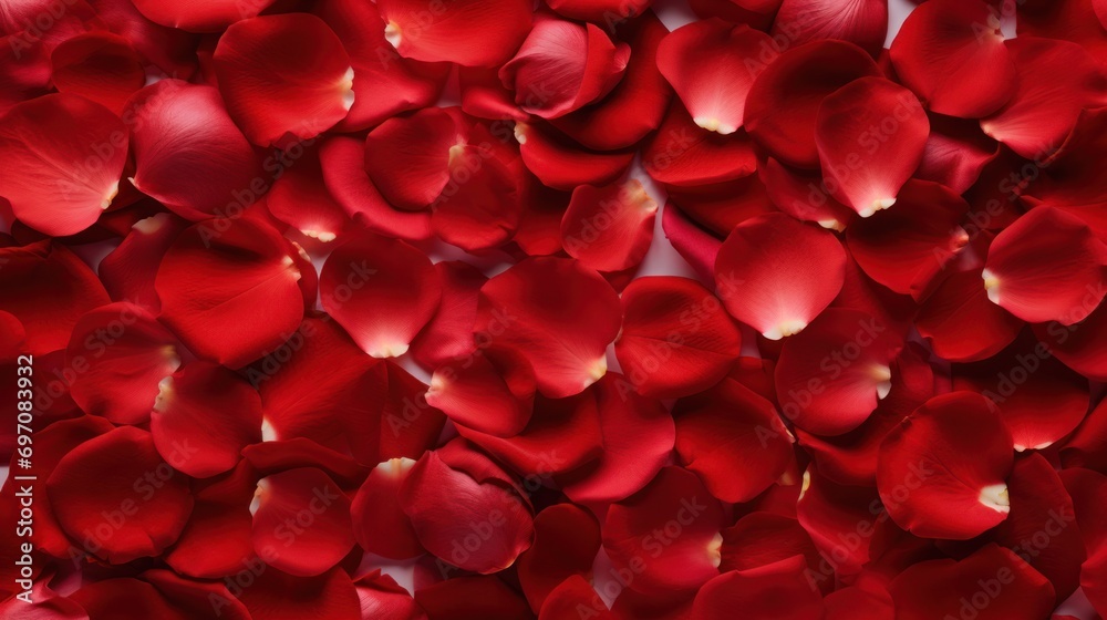 Red rose petals scattered on neutral surface. Valentine's Day background.