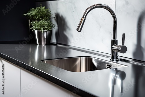Foreground showing steel sink and tap on modern kitchen worktop.