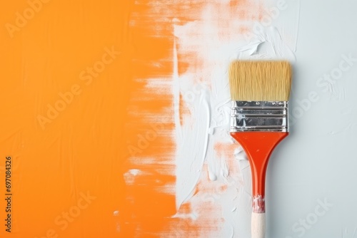 Closeup of a designer painting an orange wall with a brush.
