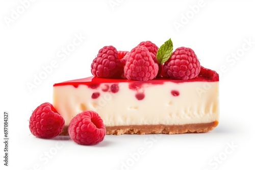 Traditional sweet dessert  scrumptious cheesecake slice with raspberries on white.
