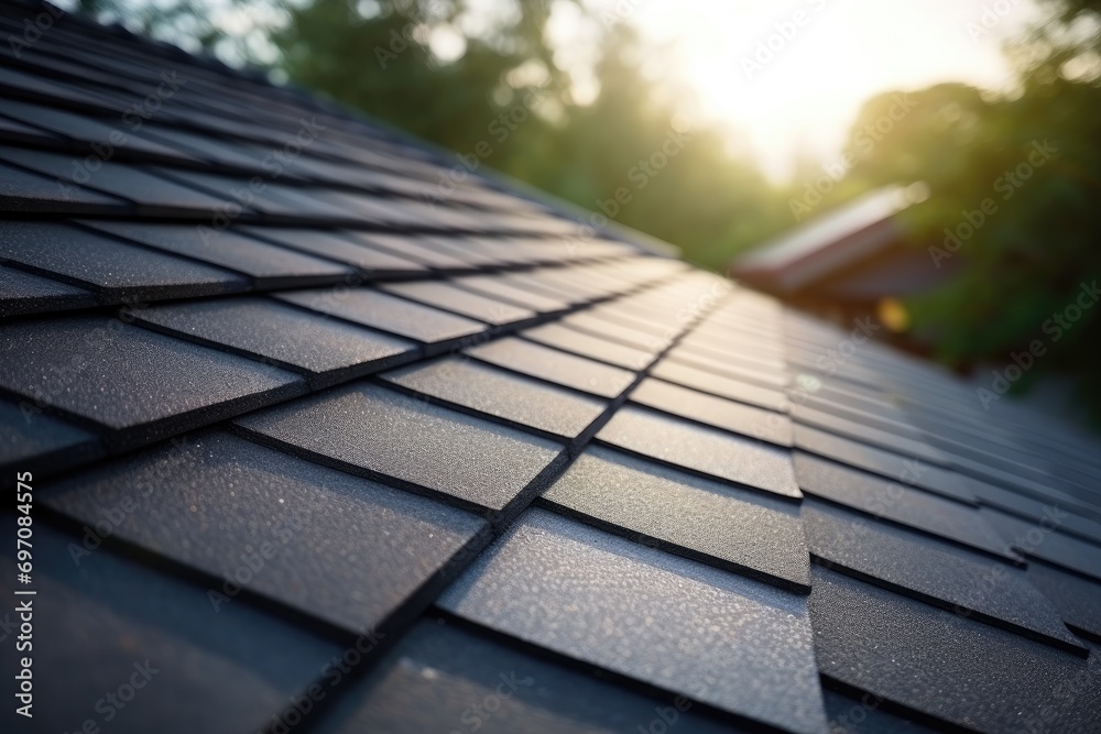 Top of the house covered with dark asphalt roof tiles. - obrazy, fototapety, plakaty 