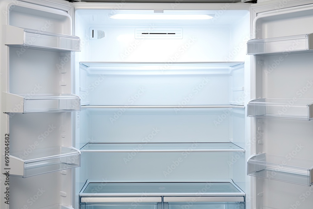 Unused fridge with shelves and area for text.