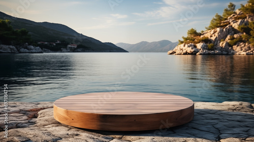 wooden podium for products on the beach background