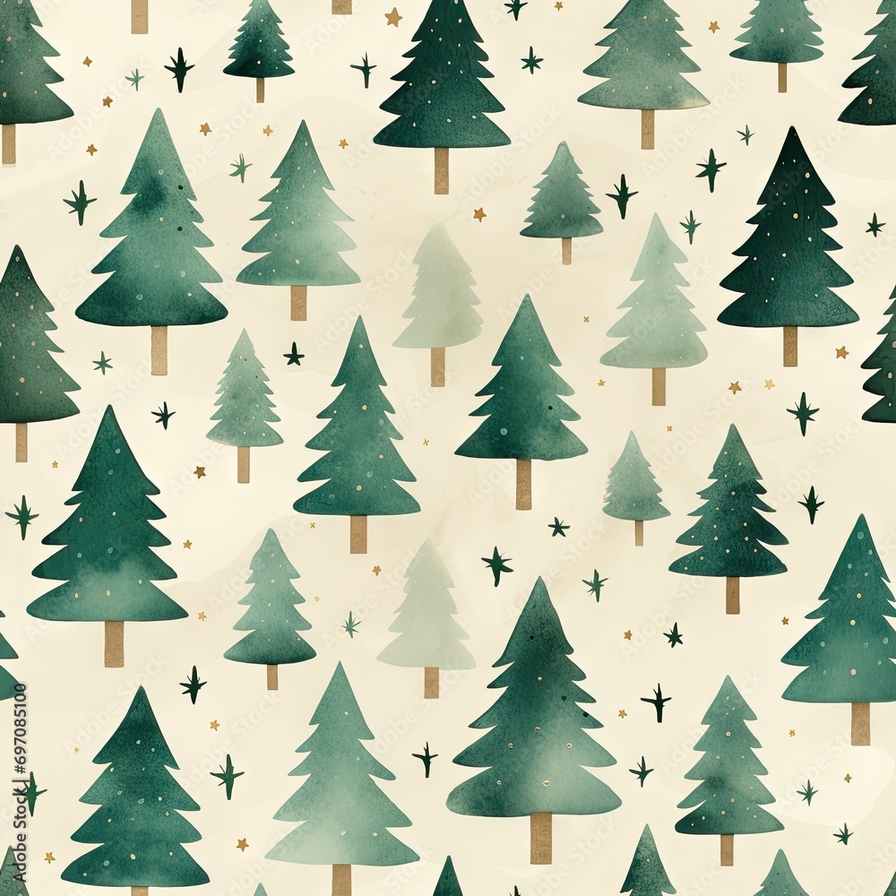 Watercolor seamless pattern of gree spruce forest on beige background. Coniferous forest illustration. Fir or pine trees for Christmas design. Female winter abstract background for design print, paper