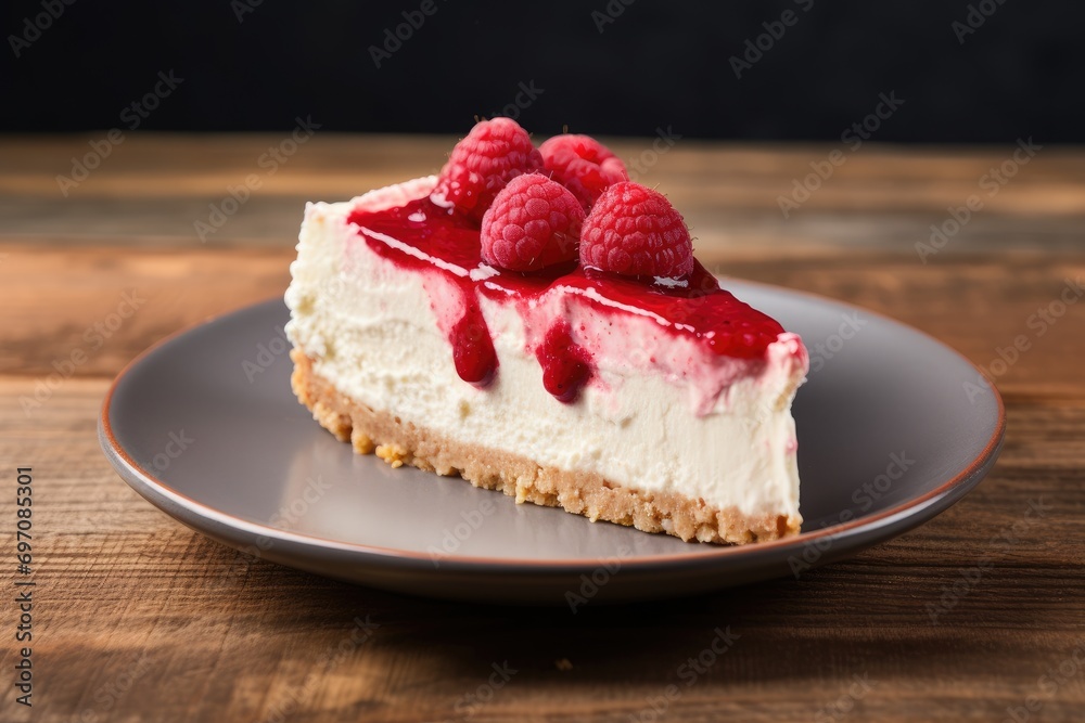 Top-down view of raspberry cheesecake on a rustic gray wood plate Top-down view of raspberry cheesecake on a rustic gray wood plate