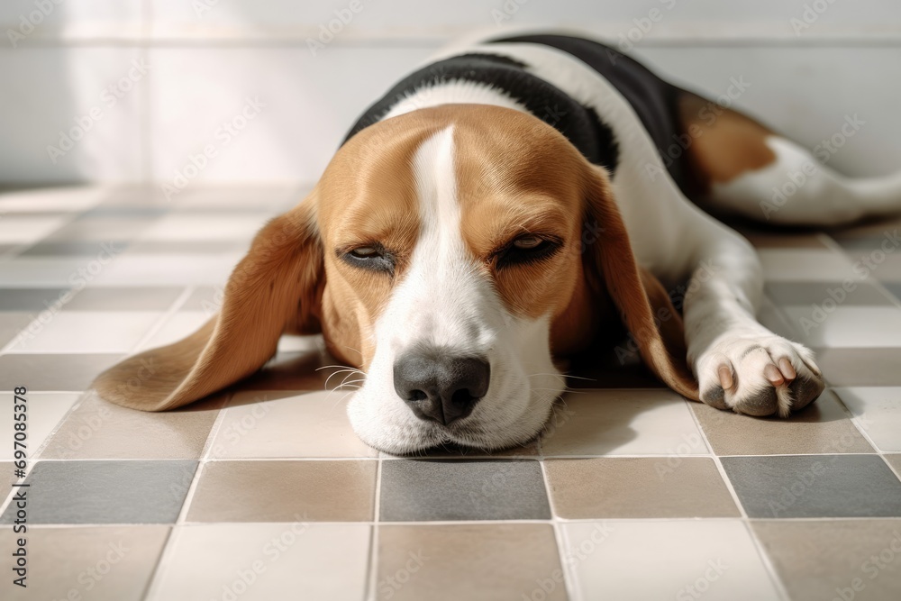 Top view image of a comforted beagle dog taking a peaceful nap on a patterned mat, placed on a shiny floor. Illustration of pets in a cozy home setting.