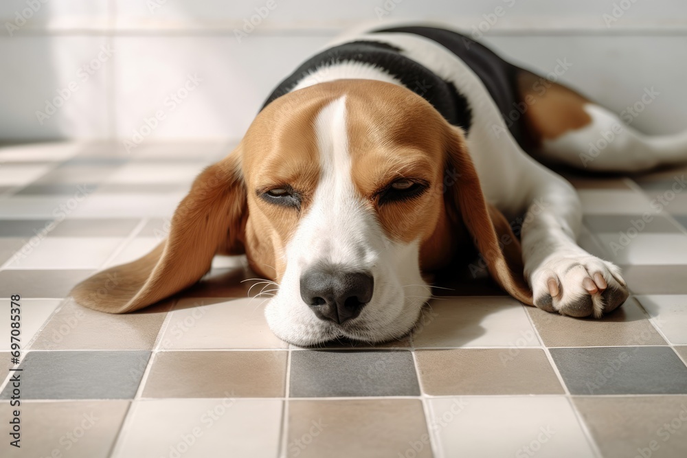 Top view image of a comforted beagle dog taking a peaceful nap on a ...