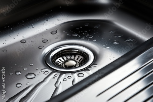 Closeup of stainless steel sink with drain.