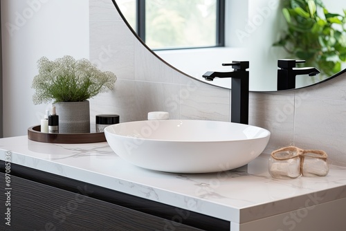 Modern bathroom with an elegant sink on a bright countertop. photo