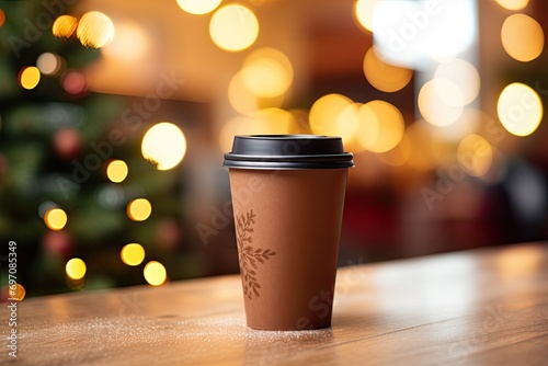 Holiday-themed, street coffee shop with a wooden table hosting a disposable cup for a hot drink.