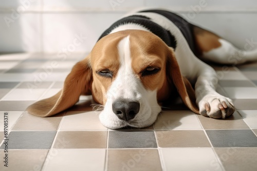 Top view image of a comforted beagle dog taking a peaceful nap on a patterned mat, placed on a shiny floor. Illustration of pets in a cozy home setting.