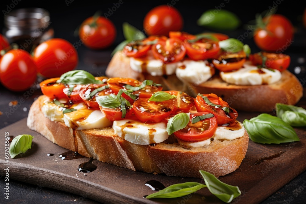 Ciabatta topped with cherry tomato basil mozzarella and spices Bruschetta with cheese on a concrete table