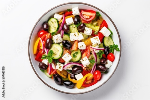 Greek salad with vegetables, feta, olives, and white background. Top view.