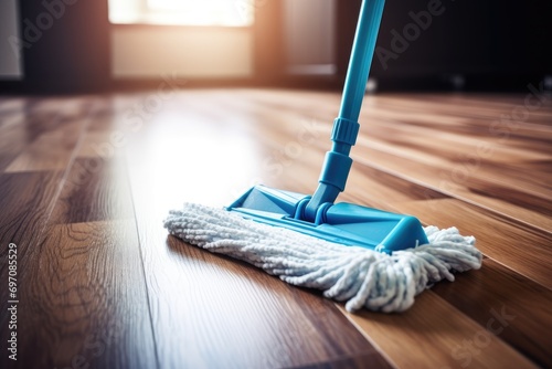 Mopping indoors to clean dirty wooden floor.