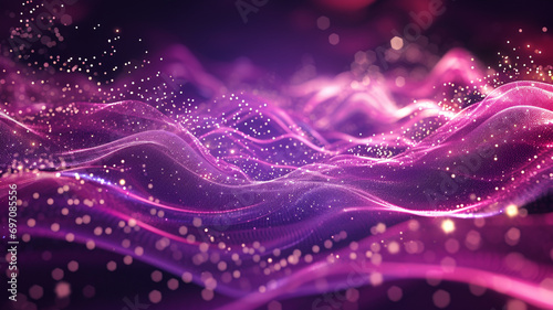 Digital purple particles wave and light abstract background with shining dots and stars. abstract wallpaper art.  backdrop concept.  photo