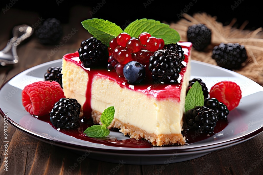 Close up of delectable cheesecake topped with berries on table Close up of delectable cheesecake topped with berries on table