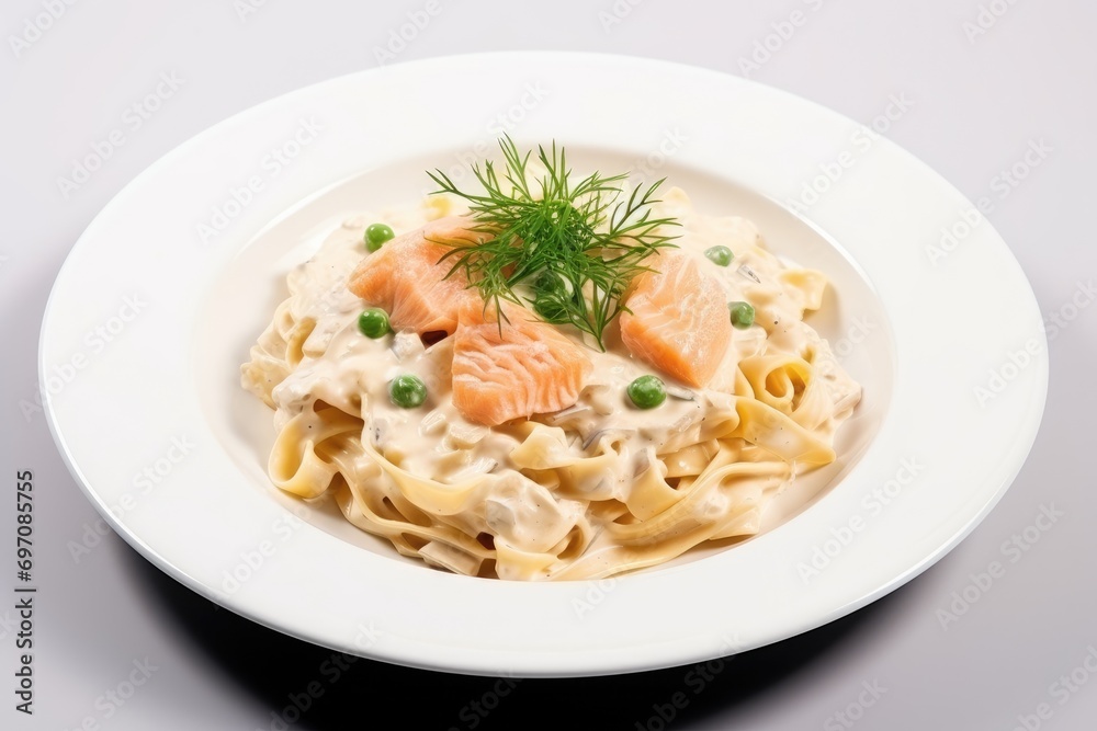 Close up of Mediterranean fettuccine with salmon and cream sauce on a wooden table